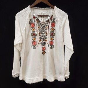Johnny Was Womens Oversized Gauzy Embroidered Top Size‎ XS White Bohemian Hippie